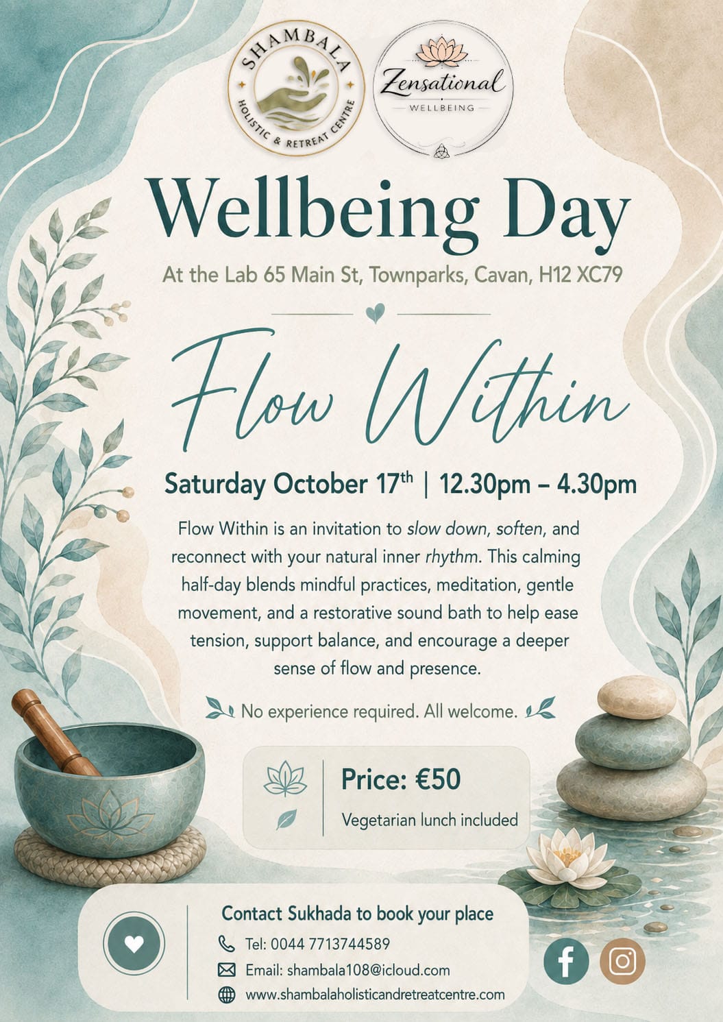 Flow Within Wellbeing Day poster with Shambala Holistic Retreat Centre and Zensational Wellbeing in Cavan