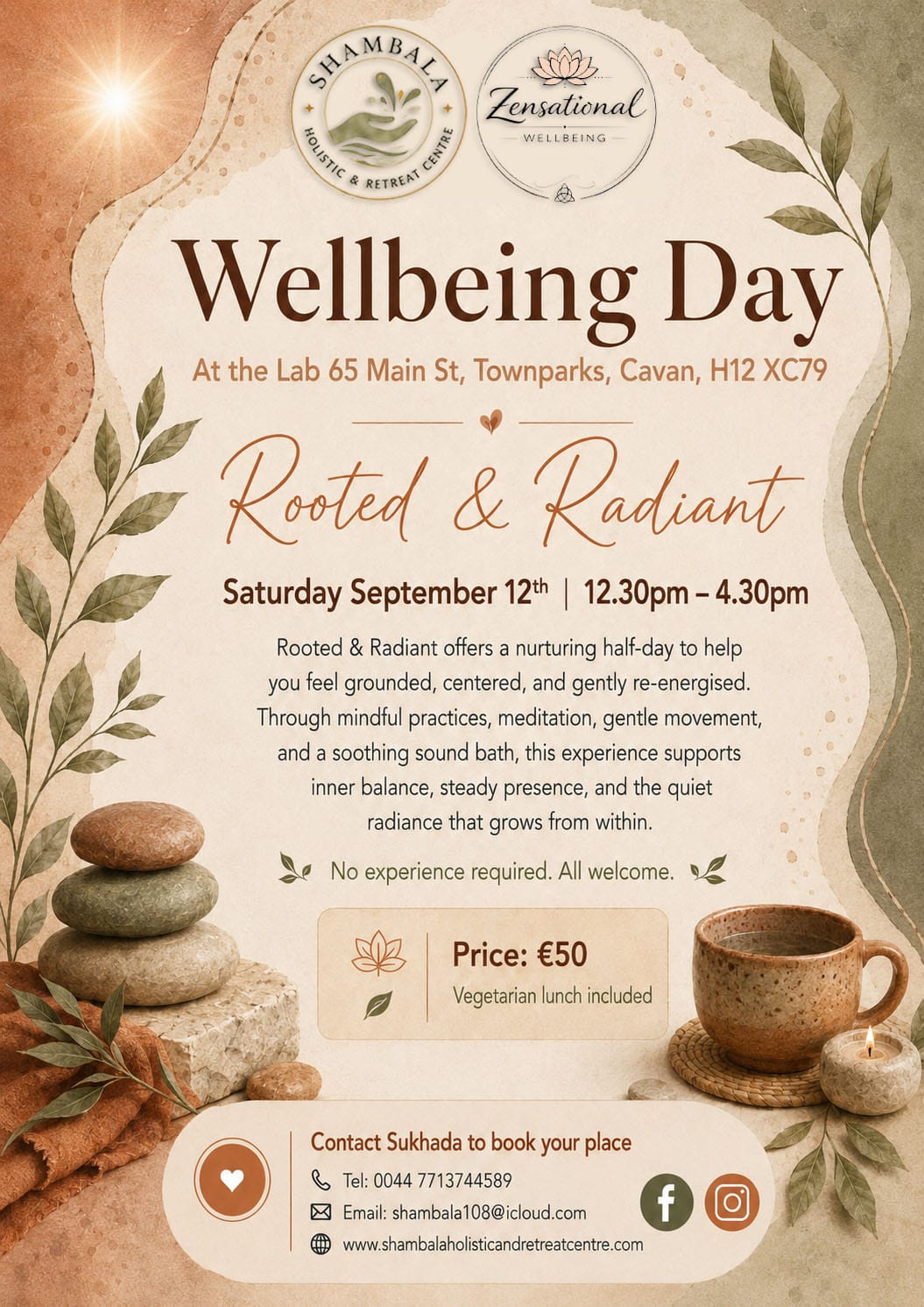 Rooted and Radiant Wellbeing Day poster with Shambala Holistic Retreat Centre and Zensational Wellbeing in Cavan