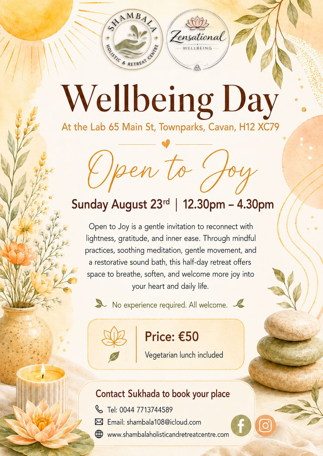 Open to Joy Wellbeing Day poster with Shambala Holistic Retreat Centre and Zensational Wellbeing in Cavan