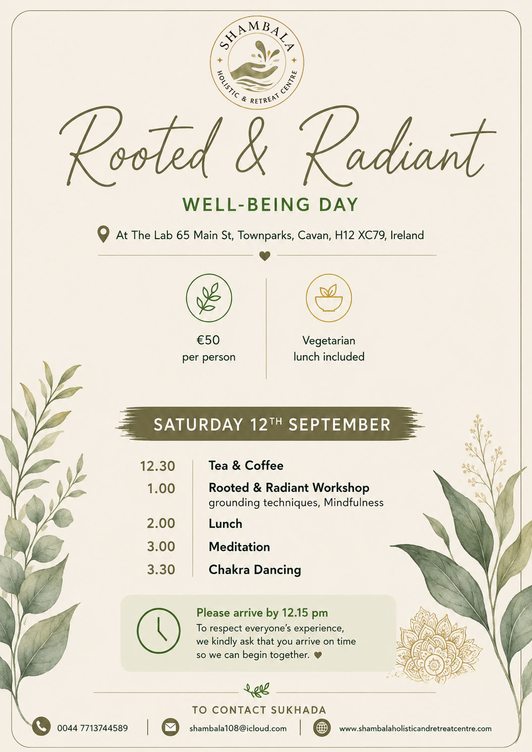 Rooted and Radiant Wellbeing Day schedule with Shambala Holistic Retreat Centre and Zensational Wellbeing in Cavan