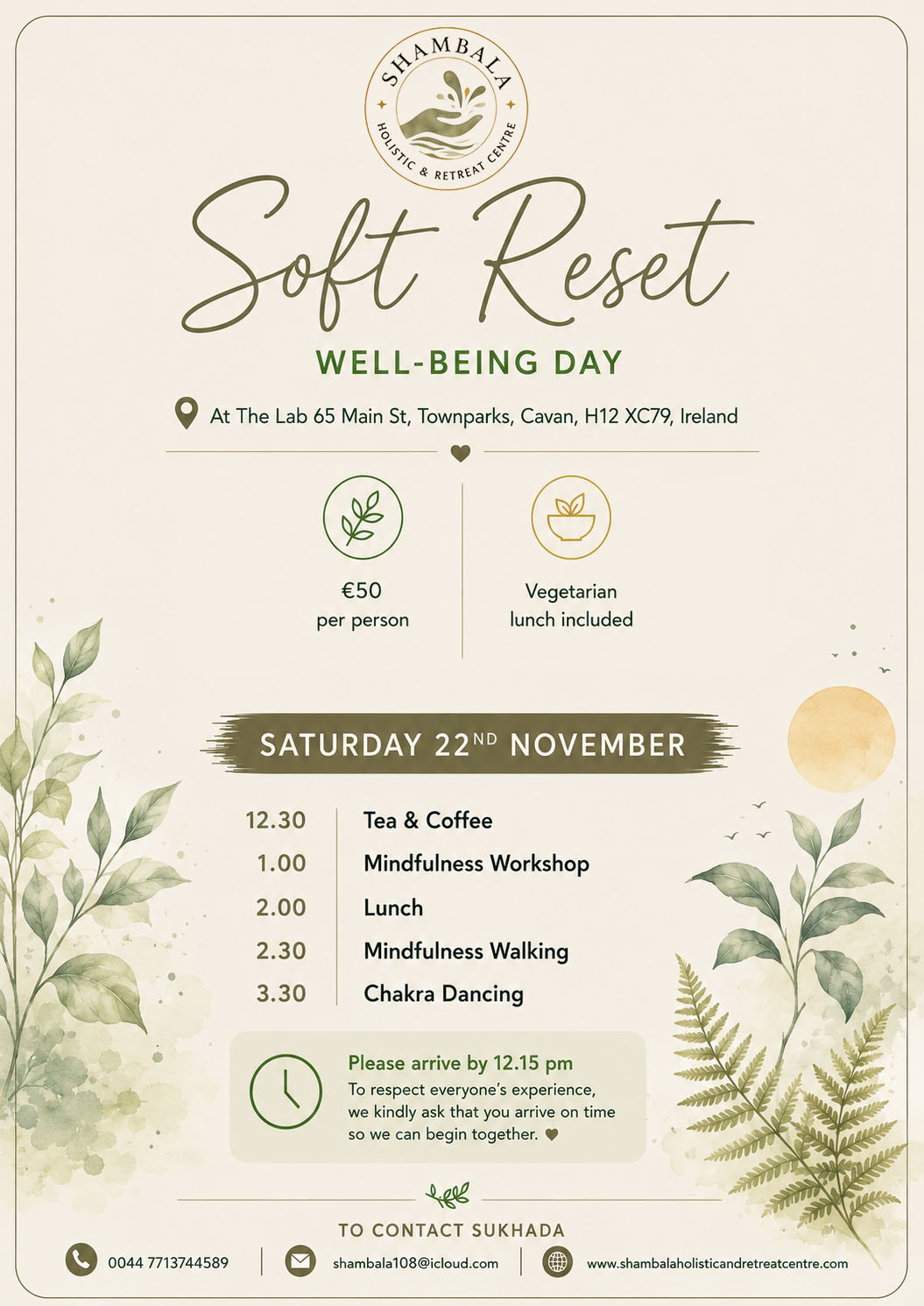 Soft Reset Wellbeing Day schedule with Shambala Holistic Retreat Centre and Zensational Wellbeing in Cavan